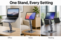 Support de tablette réglable en aluminium, rotation à 360 degrés, hauteur réglable, support d'ordinateur portable ventilé, base pivotante, support de bureau
