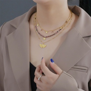 Triple Layer Clavicle Chain Necklaces Stainless Steel Rice Bead Ginkgo Leaf Natural Stone Jewelry Tags Pendant <b>Choker</b> Necklace - Product Image 1