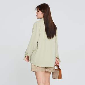 Ensemble chemise Oxford vert menthe pour femme Runqi, tenue décontractée trois pièces respirante à manches longues, haut rayé vert haricot grande taille - Product Image 5