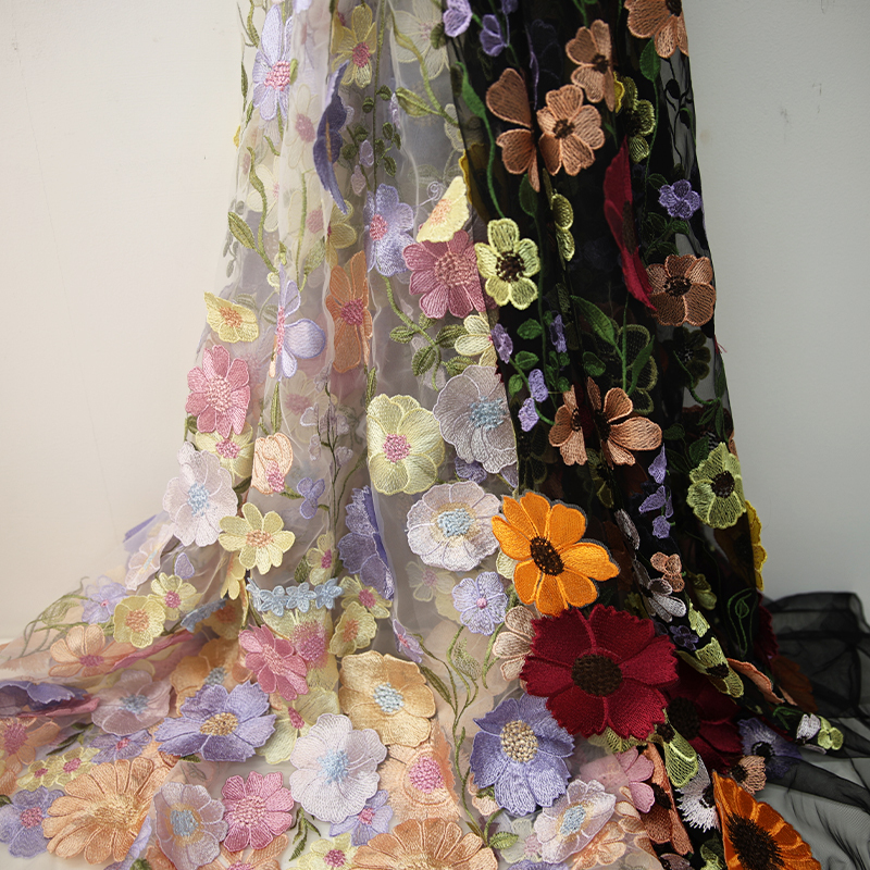 Floral Embroidered Lace Polyester Mesh Fabric