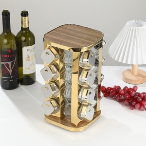 Portaspezie Girevole da Cucina con Bottiglie in <span class=keywords><strong>Vetro</strong></span> per Alimenti, Barattoli Dorati e Argentati per <span class=keywords><strong>Spezie</strong></span>, Supporto in Acciaio Inossidabile - Product Image 2