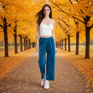 J638R 1 Pantaloni Larghi in Velluto a Vita Media, Lunghezza Intera, Fantasia a Pois, Vestibilità Ampia, Casual, Autunnali da Donna, con Elastico in Vita - Product Image 2