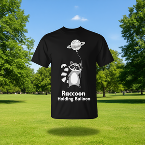 Camiseta con diseño de mapache sosteniendo un globo, negra, unisex, para adultos, manga corta, cuello redondo, impresión digital, promocional - Product Image 3