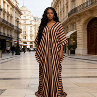 Robe longue d'été 2026 rayée à col en V et manches courtes, coupe droite, style doux, ample, en polyester