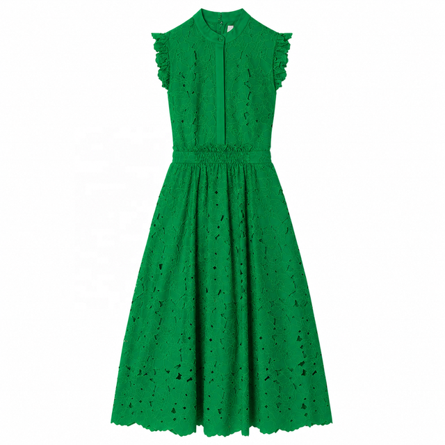 Clothing Producer Custom Spring Summer Green Crew Neck Sleeveless Elegant Casual Cotton Lace Women Midi Dress