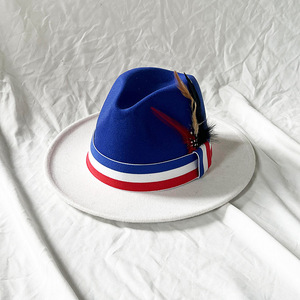Chapeau en feutre bicolore élégant en laine de jazz rouge et blanc avec chapeau haut de forme en plumes pour hommes et femmes - Product Image 3