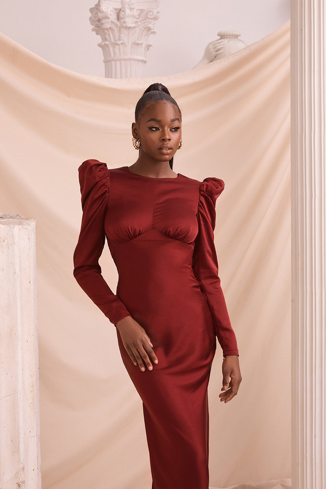 Burgundy Satin Backless Gown Plus Size Dress Ruched Elegant Long Sleeve  Evening Dresses| Alibaba.com