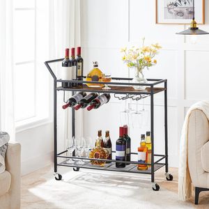 Casier à vin de cuisine à 2 niveaux en métal brun noir rustique moderne chariot de service rails de protection roues pour la maison bar salle à manger hôtel salon - Product Image 2