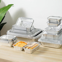 Petit plateau alimentaire rectangulaire en aluminium jetable avec couvercle en papier, écologique, de qualité alimentaire, pour la cuisson et l'emballage de plats à emporter