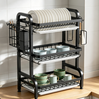 Égouttoir à vaisselle à 3 niveaux en acier au carbone, organisateur multifonctionnel pour assiettes et plats avec plateau de récupération des eaux amovible pour comptoir de cuisine