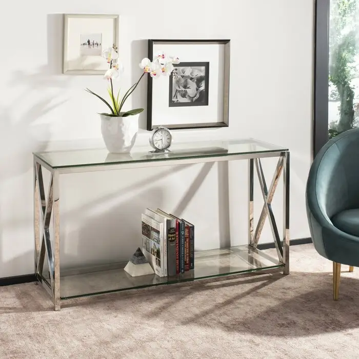 Gümüş krom paslanmaz çelik çerçeve tamperli cam üst konsol masa koridor masa süsü mobilya ev otel için