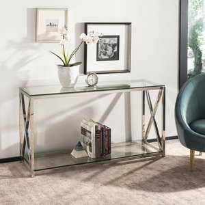 Table <span class=keywords><strong>console</strong></span> en <span class=keywords><strong>acier</strong></span> inoxydable chromé argenté avec plateau en <span class=keywords><strong>verre</strong></span> trempé, table de couloir, décoration de meubles pour la maison, l'hôtel - Product Image 1