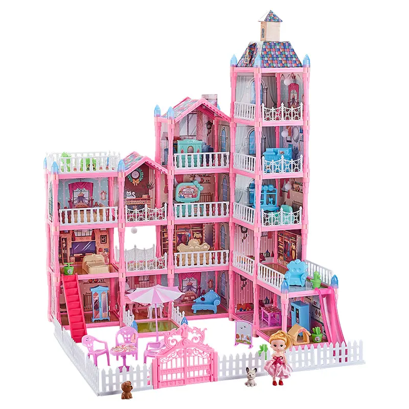 Pretend Play Girl Princess Toy Acessórios Móveis DIY Montagem De Plástico Grande Tamanho Dream Pink Doll House Com Bonecas E Luzes