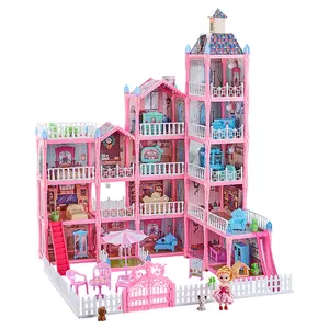 놀이 소녀 공주 장난감 액세서리 가구 DIY 조립 인형과 조명이있는 플라스틱 큰 크기 꿈 핑크 인형 집