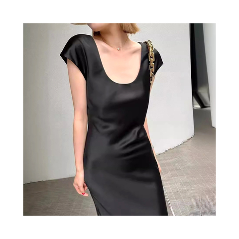 4813 High Quality Short Sleeves High Waist Elegant Black Satin Evening Dress