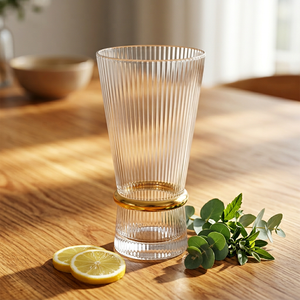 Crystal Coast Custom Handmade Wine Glass Modern Design Clear Ribbed Glass Gold <b>Ring</b> Dishwasher Safe Stainless Steel Parties - Product Image 2