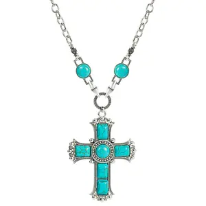 Turquoise stone Cross shaped necklace women alloy inlaid turquoise sweater chain pendant necklace