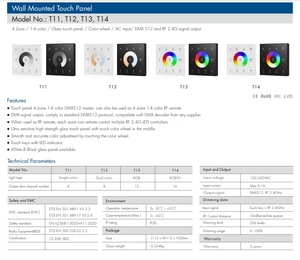 جهاز تحكم Skydance T11 يعمل باللمس متعدد الاتصال لاسلكيًا على الحائط ذو 4 مناطق بلون واحد/وحدة تحكم تعمل باللمس زجاجية رئيسية بتقنية النقل الرقمي - Product Image 3