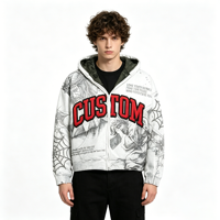 Sweat à capuche zippé court pour homme, style streetwear personnalisé, 420 GSM, blanc délavé, Y2K, avec imprimé motif religieux intégral en strass et chenille
