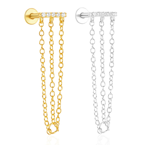 Single 925 Sterling Silver 18K Gold Plated Long Chain Tassel Cartilage Flat Back <b>Helix</b> <b>Stud</b> Earrings - Product Image 1