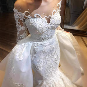 Robes de mariée sirène personnalisées avec traîne détachable, appliques de dentelle de luxe, col transparent orné de cristaux, robe de mariée arabe à manches longues - Product Image 3