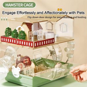 Nouvelle cage à hamster en acrylique 12 en 1 avec accessoires en bois, maison/villa pour hamster à deux ou trois étages avec tunnel et roue - Product Image 5