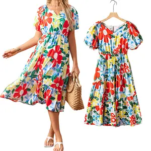 Wholesale Private Label High Quality Valentine V Neck Ruffled Shirred Floral Maxi Long Dresses Women Lady Elegant