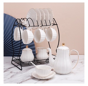 21-teiliges Elegantes Kürbis-Keramik-Teeservice mit Untertassen, Milch- und Zuckerdosen, Teekanne und Metallständer für Nachmittagstee und Kaffee - Product Image 6