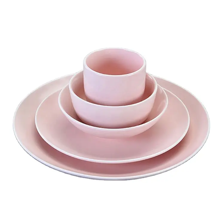 Hotel Small Fresh Style Ceramic Porcelain Dishes Plates Sets Matte Pink Color Glazed Ceramic Dinnerware Sets
