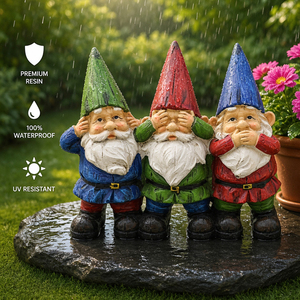 Statua da Giardino in Resina con Tre Gnomi Saggi dall'Aspetto Invecchiato per Decorazioni Esterne - Product Image 2