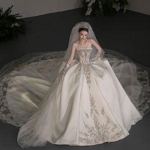 Robe de mariée sans bretelles Gt043, ornée de perles, en satin ivoire, robe de mariée Jancember - Product Image 1