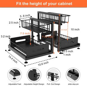 Paquete de <span class=keywords><strong>2</strong></span> organizadores negros para fregadero de cocina, armario de almacenamiento, cesta deslizante de <span class=keywords><strong>2</strong></span> niveles, mostrador en forma de L, estantes ajustables para almacenamiento - Product Image 6