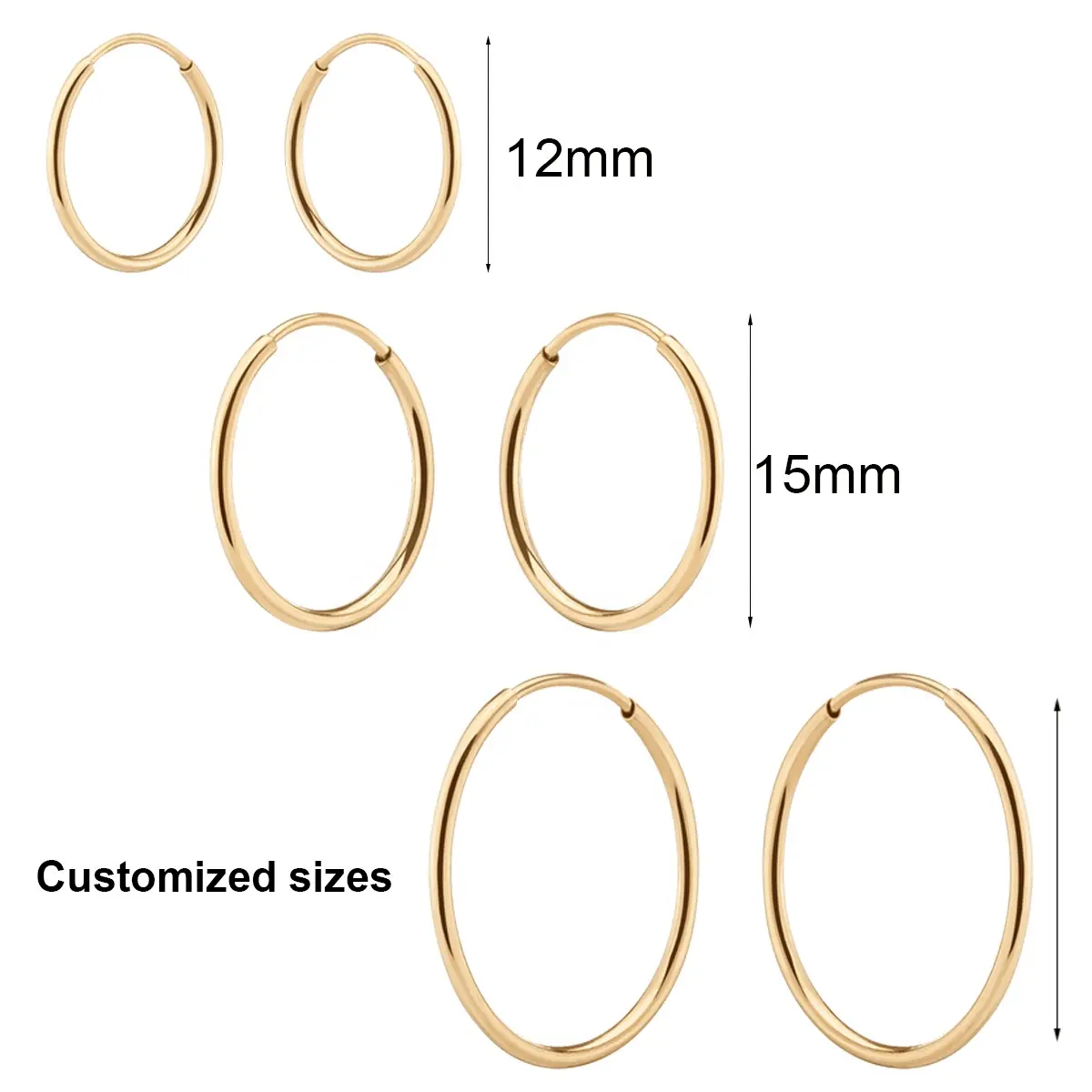 Custom Jewelry 12mm 15mm Light Weight Dainty Real 9K 14K Solid Gold Tiny Endless Hollow Tube Women Hoop Earrings