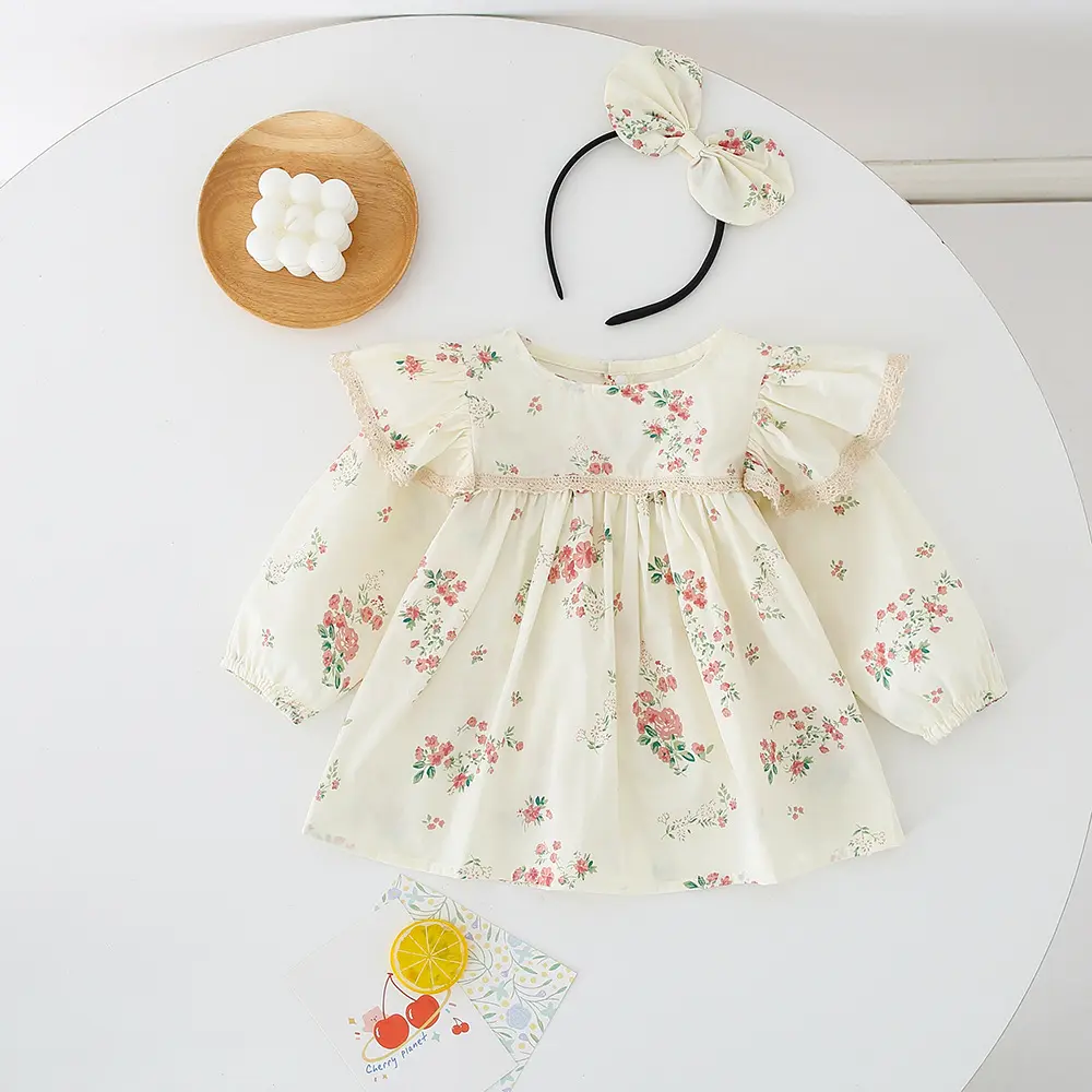 Roupa de bebê de manga comprida, venda por atacado, roupas bonitas para bebês, vestido de 100% algodão com estampa floral, tiara para meninas