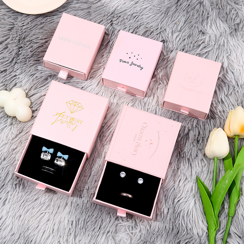 Karton Papier Ring Box Schmuck Verpackung Schublade Box Benutzer definiertes Logo Kleine Geschenk Halskette Ohrring Rosa Schmucks cha tulle