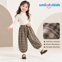 Smiledotkids Pantalons de jogging personnalisés pour enfants, à carreaux marron, taille boutonnée, doux et chauds, OEM ODM, pour tout-petits garçons et filles, vente en gros