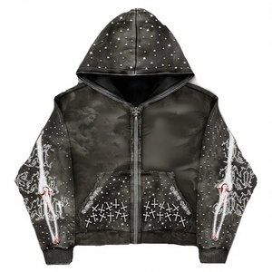 <b>Punk</b> Style Hooded Zipper <b>Jacket</b> Men Black Rhinestone Skeleton Print 3D Design Regular Fit Winter Wear - Product Image 2