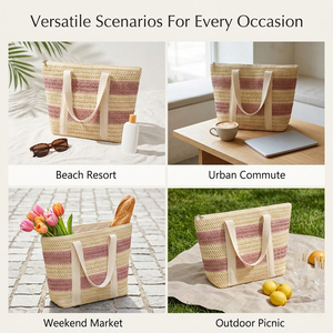 Sac fourre-tout en paille tressée <span class=keywords><strong>bicolore</strong></span> de qualité supérieure avec poignée renforcée en sangle pour la plage estivale et les courses quotidiennes - Product Image 3