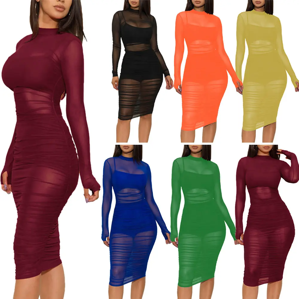 Sexy Women Dress Slim Fit Bodycon Fall  Winter Ladies Solid Mesh Bodycon Dress for Women Clothing