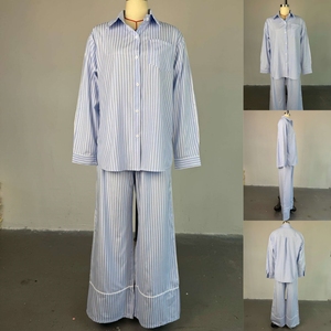 Conjunto de Duas Peças de Verão Elegante Hk7246: Camisa Listrada Solta de Gola Dobrável e Calças de Perna Larga para Mulheres - Product Image 4
