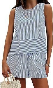 Conjunto de Pantalones y Camiseta Corta a Rayas para Mujer, Marca Privada, Cuello Redondo, Sin Mangas, Transpirable, Estilo Casual de Verano - Product Image 4