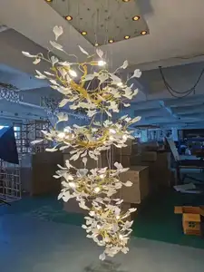 Seramik çiçek Ginkgo aydınlatma armatürü yaprak uzun avize projektör ışığı lüks sanat avize ışıkları