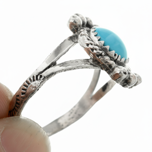Ladies Kingman <b>Turquoise</b> <b>Ring</b> with Cute Navajo Silver Design Oval Cut Diamond Bezel Setting Drop Inlay 0011 Fine Jewelry - Product Image 1