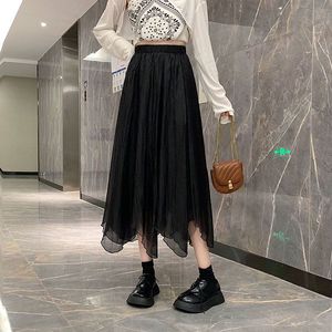Women's Chiffon Skirt Elastic Waist Irregular Hem Breathable Spring Summer Wear Apricot Black - Product Image 4
