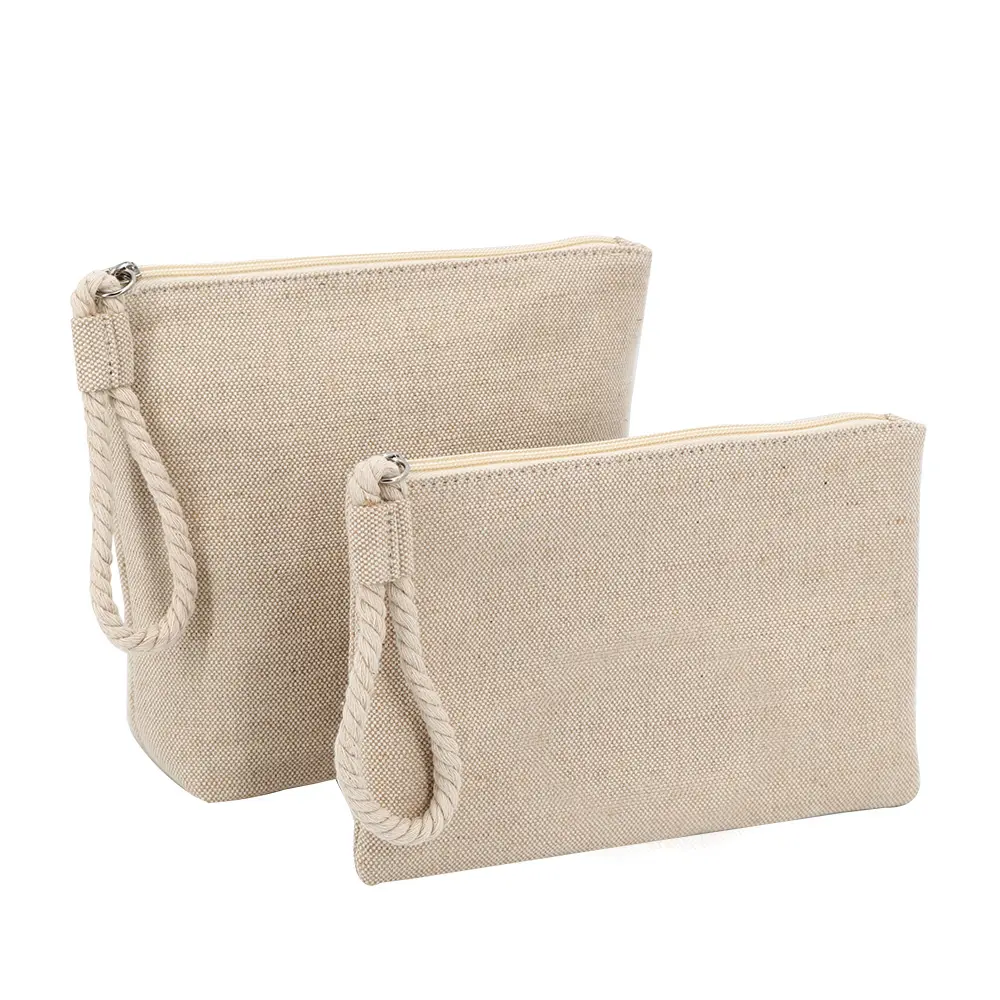 OEM Logo personnalisé coton toile Jute maquillage cosmétique fermeture éclair pochette sac naturel Jacquard coton Jute tissu organisateur sacs pour téléphone