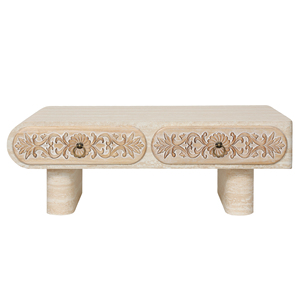 Table basse moderne à bords arrondis, durable, avec motif floral, tiroir en bois massif avec rangement pour le salon, le bureau - Product Image 1
