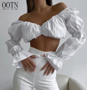 Plus Size S-3XL Sexy solid color V-neck puff sleeve corset long sleeve women's white shirt blouse women's fall clothing