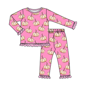 Pyjamas décontractés personnalisés pour petites filles, motif citrouille d'automne, 2 pièces, tenues de nuit, ensembles de vêtements pour sœurs, vente en gros pour boutiques - Product Image 3