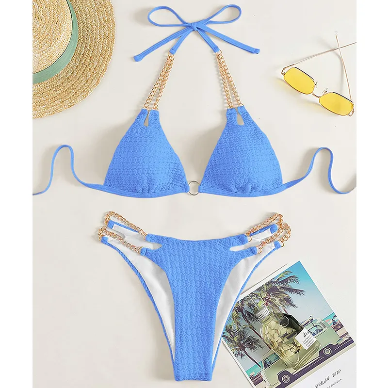 Filipinas primavera nueva llegada conjunto de Bikini triangular de dos piezas con cadenas de Metal personalizado Monokini traje de baño mujeres Sexy