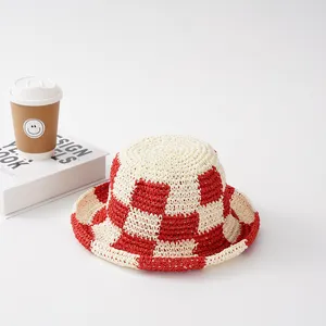봄 여름 수제 크로 셰 뜨개질 체스와 카드 그리드 버킷 모자 여성용 비치 모자 접이식 니트 크로 셰 뜨개질 버킷 모자